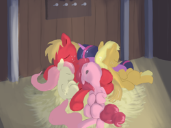 Size: 800x600 | Tagged: safe, artist:untiltheballoons, applejack, big macintosh, fluttershy, pinkie pie, twilight sparkle, earth pony, pegasus, pony, applemac, big macintosh gets all the mares, cuddle puddle, cuddling, drool, eyes closed, floppy ears, fluttermac, friendshipping, harem, hay, male, on back, on side, open mouth, pinkiemac, pony pile, shipping, sleeping, snuggling, stallion, straight, twimac