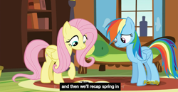 Size: 1600x830 | Tagged: safe, derpibooru import, screencap, fluttershy, rainbow dash, pegasus, pony, tanks for the memories, meme, youtube caption