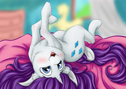 Size: 4093x2894 | Tagged: safe, artist:alcor, rarity, pony, unicorn, :3, bed, bedroom, behaving like a cat, blushing, catface, cute, cute little fangs, ear fluff, hooves, raribetes, raricat, solo, underhoof