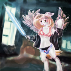 Size: 1080x1080 | Tagged: safe, artist:rupony, derpy hooves, pony, black underwear, clothes, open fly, panties, pants, solo, sword, underwear, wardrobe malfunction, weapon