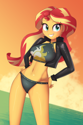 Size: 1280x1920 | Tagged: safe, alternate version, artist:zelc-face, edit, sunset shimmer, human, equestria girls, adorasexy, beautiful, belly button, bikini, bikini bottom, black swimsuit, breasts, bubble, clothes, cute, cutie mark swimsuit, female, jacket, leather jacket, looking at you, midriff, sexy, shimmerbetes, smiling, solo, sunset, sunset jiggler, swimsuit, thighs, water, zelc-face's swimsuits