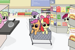 Size: 3750x2500 | Tagged: safe, artist:app1ebloom, apple bloom, applejack, bon bon, daisy, flower wishes, roseluck, scootaloo, sweetie belle, sweetie drops, earth pony, pony, cutie mark crusaders, grocery store, shopping cart, supermarket, this will end in tears and/or death and/or covered in tree sap