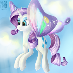 Size: 3000x3000 | Tagged: safe, artist:pfdanonrain99, rarity, pony, unicorn, butterfly wings, female, horn, mare, purple mane, solo, white coat