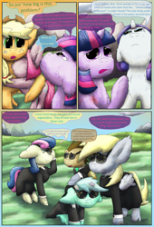 Size: 2160x3168 | Tagged: safe, artist:firefanatic, applejack, bon bon, derpy hooves, doctor whooves, lyra heartstrings, pinkie pie, rarity, sweetie drops, twilight sparkle, earth pony, pony, unicorn, :3, clothes, crying, dialogue, fluffy, hug, pinkamena diane pie, sleep talking, suit, sunglasses