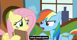 Size: 1600x830 | Tagged: safe, derpibooru import, screencap, fluttershy, rainbow dash, pegasus, pony, tanks for the memories, book, meme, youtube caption