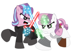 Size: 1032x774 | Tagged: safe, artist:ejlightning007arts, starlight glimmer, sweetie belle, pony, unicorn, crossover, duel, kylo ren, lightsaber, rey, simple background, star wars, star wars: the force awakens, transparent background, vector, weapon