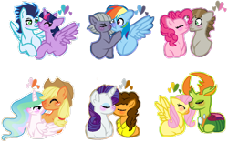 Size: 1024x638 | Tagged: safe, artist:leanne264, derpibooru import, applejack, cheese sandwich, fluttershy, limestone pie, mudbriar, pinkie pie, princess celestia, rainbow dash, rarity, soarin', thorax, twilight sparkle, twilight sparkle (alicorn), alicorn, changedling, changeling, earth pony, pegasus, pony, unicorn, applelestia, blushing, briarpie, cheesity, crack shipping, female, heart, interspecies, king thorax, kissing, lesbian, limedash, male, nuzzling, shipping, simple background, soarlight, straight, thoraxshy, transparent background