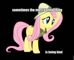 Size: 900x727 | Tagged: safe, artist:ninjamissendk, edit, daring do, fluttershy, pegasus, pony, accessory swap, caption, clothes, costume, cute, feminism, hat, image macro, meme, pith helmet, roflbot, shirt, shyabetes, solo