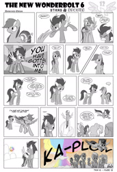 Size: 1600x2344 | Tagged: safe, artist:marmorexx, derpibooru import, blaze, fleetfoot, high winds, rainbow dash, soarin', spitfire, surprise, pegasus, pony, comic:the new wonderbolt, atomic rainboom, biting, crying, female, male, monochrome, neo noir, partial color, rejection, shipping, shipping denied, soarindash, straight, wing bite