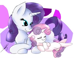 Size: 1024x797 | Tagged: safe, artist:medaisy, rarity, sweetie belle, pony, unicorn, female, filly, horn, mare, siblings, sisters, watermark