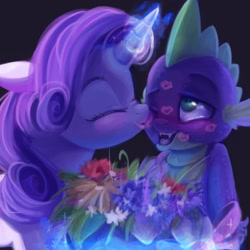 Size: 1000x1000 | Tagged: safe, artist:annielith, rarity, spike, dragon, pony, unicorn, bouquet, female, flower, kiss mark, male, shipping, sparity, straight