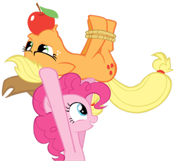 Size: 1276x1168 | Tagged: artist needed, safe, applejack, pinkie pie, earth pony, pony, apple, apple gag, carrying, gag, hogtied, rope, simple background, tied up, transparent background, upside down, vector