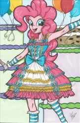 Size: 1024x1582 | Tagged: safe, artist:ponygoddess, part of a set, pinkie pie, equestria girls, balloon, cake, clothes, humanized, lolita fashion, socks, solo, striped socks, sweet lolita