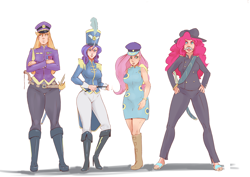 Size: 1280x908 | Tagged: safe, artist:hiddentrashpony, artist:sundown, edit, applejack, fluttershy, pinkie pie, rarity, human, testing testing 1-2-3, ancient wonderbolts uniform, applebucking thighs, boots, clothes, colonel purple dart, facial hair, fake moustache, female, hat, high heel boots, horned humanization, humanized, moustache, saber, sandals, sgt. rarity, shako, shoes, simple background, uniform, weapon, white background, winged humanization