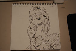 Size: 1355x907 | Tagged: safe, artist:cs, princess celestia, alicorn, pony, monochrome, solo, traditional art