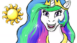 Size: 1280x720 | Tagged: safe, artist:mentalmongloid, princess celestia, alicorn, pony, bust, open mouth, portrait, simple background, smiling, solo, sun, white background