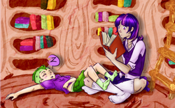 Size: 1086x675 | Tagged: safe, artist:himram, derpibooru import, spike, twilight sparkle, human, book, humanized, sleeping