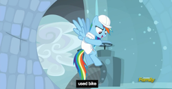 Size: 1600x830 | Tagged: safe, derpibooru import, screencap, rainbow dash, pegasus, pony, tanks for the memories, meme, valve, weather factory, youtube caption