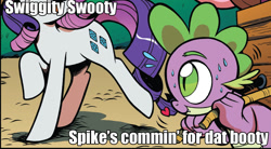 Size: 1167x643 | Tagged: safe, edit, idw, rarity, spike, dragon, pony, unicorn, caption, female, heart, image macro, innuendo, male, meme, misspelling, shipping, sparity, straight, swiggity swooty