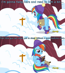 Size: 800x897 | Tagged: safe, derpibooru import, edit, screencap, rainbow dash, pegasus, pony, tanks for the memories, book, boots, cap, clothes, cross, death, grave, hat, implied death, reading, sad, saddle bag, scarf, snow, solo, tearjerker, winter, winter outfit