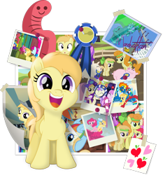 Size: 1878x2014 | Tagged: safe, artist:lumorn, derpibooru import, alula, apple bloom, aura (character), bloo, carrot top, golden harvest, noi, pinkie pie, piña colada, rainbow dash, earth pony, pegasus, pony, background pony, camera, cute, female, filly, fruit pack, galacon, happy, movie accurate, noiabetes, photo, ruby splash, simple background, transparent background, wormie