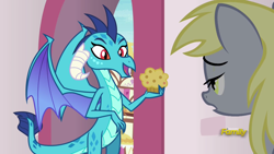 Size: 1920x1080 | Tagged: safe, screencap, derpy hooves, princess ember, dragon, triple threat, food, muffin