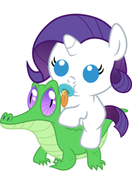 Size: 786x1017 | Tagged: safe, artist:red4567, gummy, rarity, pony, babity, baby, baby pony, cute, pacifier, ponies riding gators, raribetes, recolor, riding, weapons-grade cute