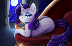 Size: 917x593 | Tagged: safe, artist:thatonetrickpony, rarity, pony, unicorn, fainting couch, moon, prone, solo, watermark