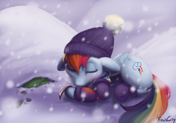 Size: 6520x4556 | Tagged: safe, artist:foxvanity, derpibooru import, rainbow dash, tank, pegasus, pony, tanks for the memories, absurd resolution, backwards cutie mark, book, clothes, sleeping, snow, snowfall, socks, solo, winter