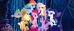 Size: 1920x808 | Tagged: safe, derpibooru import, screencap, applejack, fluttershy, pinkie pie, rainbow dash, rarity, spike, twilight sparkle, twilight sparkle (alicorn), alicorn, fish, seapony (g4), my little pony: the movie, fin wings, fins, mane seven, mane six, puffer fish, seaponified, seapony applejack, seapony fluttershy, seapony pinkie pie, seapony rainbow dash, seapony rarity, seapony twilight, seaquestria, smiling, species swap, spike the pufferfish, underwater