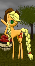 Size: 1200x2250 | Tagged: safe, artist:kharmatika, applejack, earth pony, pony, alternate hairstyle, apple, braid, braided tail, food, raised hoof, solo, sweat, thin, tree