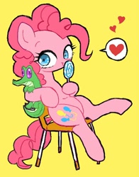 Size: 486x620 | Tagged: safe, artist:susu, gummy, pinkie pie, earth pony, pony, chair, cute, diapinkes, female, heart, hoof hold, lollipop, mare, simple background, sitting, solo, speech bubble, yellow background