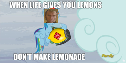 Size: 1912x967 | Tagged: safe, derpibooru import, edit, edited screencap, screencap, rainbow dash, pegasus, pony, cave johnson, combustible lemon, image macro, lemon, meme, meta, portal (valve), portal 2, when life gives you lemon