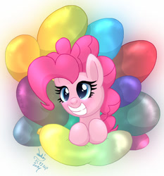 Size: 950x1020 | Tagged: safe, artist:joakaha, pinkie pie, earth pony, pony, balloon, grin, solo