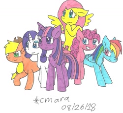 Size: 1301x1186 | Tagged: safe, artist:cmara, derpibooru import, applejack, fluttershy, pinkie pie, rainbow dash, rarity, twilight sparkle, twilight sparkle (alicorn), alicorn, earth pony, pegasus, pony, unicorn, mane six, traditional art