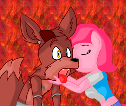 Size: 944x798 | Tagged: safe, artist:blonde-pony-lover, artist:cyberpikachu, artist:mojo1985, pinkie pie, anthro, fox, crossover, crossover shipping, eyepatch, five nights at freddy's, foxy, kissing