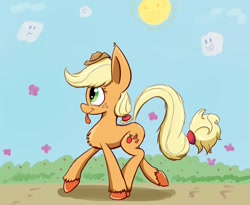 Size: 1100x900 | Tagged: safe, artist:heir-of-rick, applejack, butterfly, earth pony, pony, chest fluff, impossibly large ears, silly, silly pony, solo, tongue out, unshorn fetlocks, walking