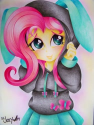 Size: 2736x3648 | Tagged: safe, artist:eljoeydesigns, fluttershy, equestria girls, blushing, bunny ears, clothes, cute, dangerous mission outfit, drawing, female, handmade, hoodie, shyabetes, skirt, smiling, solo, sweater, sweatershy