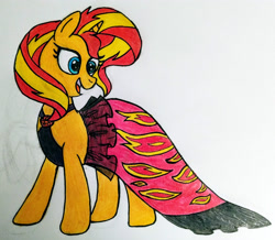 Size: 3750x3270 | Tagged: safe, artist:sugar-loop, sunset shimmer, pony, unicorn, build-a-bear, clothes, dress, female, fiery shimmer, high res, mare, open mouth, plushie, simple background, solo, toy interpretation, traditional art, white background