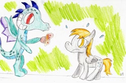 Size: 1109x726 | Tagged: safe, artist:ptitemouette, derpy hooves, princess ember, dragon, pegasus, pony, triple threat, duo, food, muffin, scene interpretation, traditional art