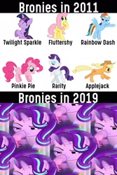 Size: 1200x1800 | Tagged: safe, artist:watchpony, editor:sunnzio, applejack, fluttershy, pinkie pie, rainbow dash, rarity, starlight glimmer, twilight sparkle, earth pony, pegasus, pony, unicorn, 2019, boop, glimmerposting, mane six, meme, multeity, self-boop, starlight cluster, the starlight glimmer show