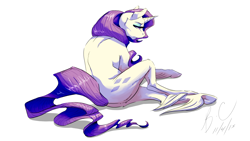 Size: 3200x1800 | Tagged: safe, artist:cabbion, rarity, pony, semi-anthro, unicorn, blank stare, lidded eyes, long feather, looking away, looking back, prone, rear view, simple background, solo, unshorn fetlocks