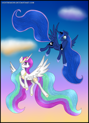 Size: 1225x1680 | Tagged: safe, artist:estherenn, princess celestia, princess luna, alicorn, pony, crown, female, horn, mare, siblings, sisters