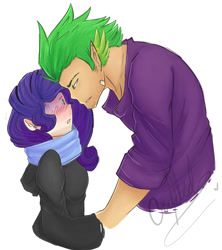 Size: 800x900 | Tagged: safe, artist:craftedfun3, rarity, spike, human, blushing, clothes, elf ears, female, height difference, humanized, male, older, older spike, scarf, shipping, size difference, sparity, straight