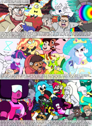 Size: 1550x2115 | Tagged: safe, artist:yogurthfrost, princess celestia, sunset shimmer, twilight sparkle, human, equestria girls, bill cipher, black hat (villainous), connie maheswaran, crossover, demencia, garnet (steven universe), humanized, malachite (steven universe), opal (steven universe), species swap, stanford pines, steven universe, time baby, villainous