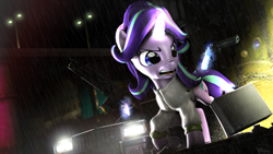 Size: 3840x2160 | Tagged: safe, artist:whiteskyline, starlight glimmer, pony, unicorn, 3d, bridge, briefcase, canal, car, clothes, female, gun, hk417, jacket, magic, mare, solo, source filmmaker, telekinesis, weapon