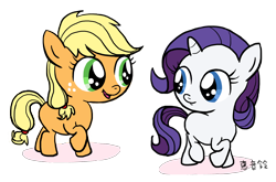 Size: 2096x1384 | Tagged: safe, artist:sakuramidori, applejack, rarity, earth pony, pony, unicorn, cute, eye contact, filly, looking back, open mouth, raised hoof, raised leg, smiling, walking, younger