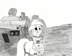 Size: 3241x2529 | Tagged: safe, artist:algernon97, derpy hooves, pony, astronaut, atg 2017, grayscale, monochrome, moon, moon (film), newbie artist training grounds, sad, solo, space, spacesuit, vehicle