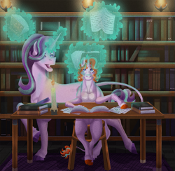 Size: 893x872 | Tagged: safe, artist:bijutsuyoukai, starlight glimmer, oc, oc:gamma ray, pony, unicorn, book, bookshelf, candle, female, filly, magic, offspring, parent:starlight glimmer, parent:sunburst, parents:starburst, stool