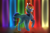 Size: 1024x682 | Tagged: safe, artist:xcaramelcookiex, derpibooru import, rainbow dash, pegasus, pony, fanfic:rainbow factory, abstract background, female, grin, looking sideways, mare, narrowed eyes, rainbow, rainbow factory dash, raised hoof, smiling, solo, spectra